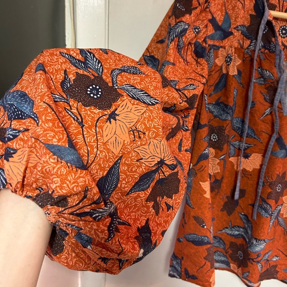 ULLA JOHNSON Joanie Blouse 4 Orange Floral Carmine pullover tie peasant birds - Picture 4 of 7